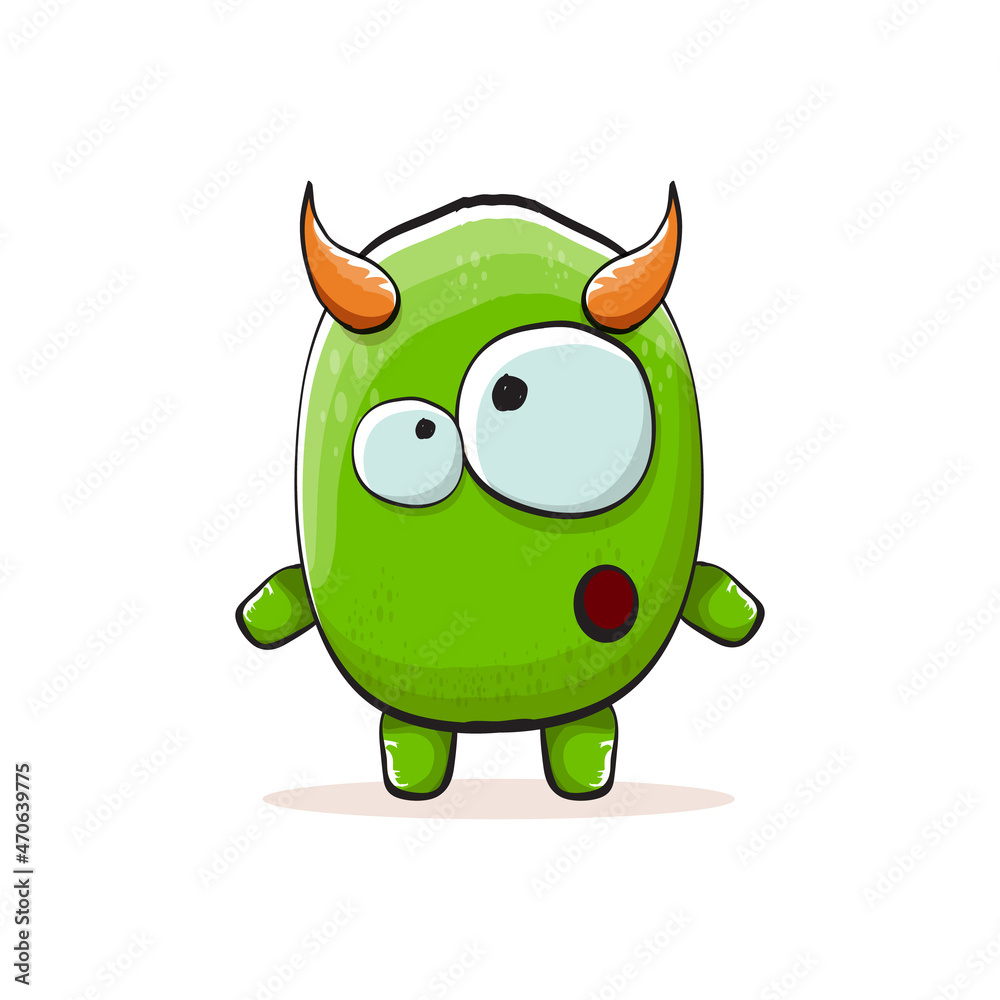 Vector cartoon funky green monster with horn isolated on white background. Smiling silly green monster print sticker design template. Ghost, troll, gremlin, goblin, devil and monster Vector cartoon funky green monster with horn isolated on white background. Smiling silly green monster print sticker design template. Ghost, troll, gremlin, goblin, devil and monster
