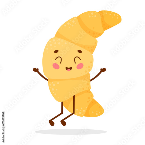 Cute cartoon character croissant jumps for joy. Vector illustration isolated.