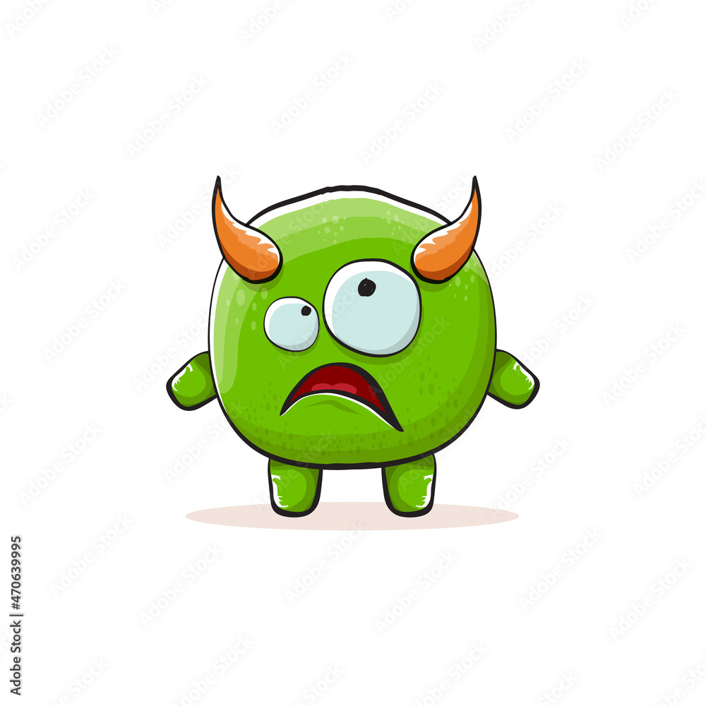 Vector cartoon funky green monster with horn isolated on white background. Smiling silly green monster print sticker design template. Ghost, troll, gremlin, goblin, devil and monster Vector cartoon funky green monster with horn isolated on white background. Smiling silly green monster print sticker design template. Ghost, troll, gremlin, goblin, devil and monster
