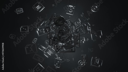 Flying files icons in random motion on dark environment with volumetric back lighting.