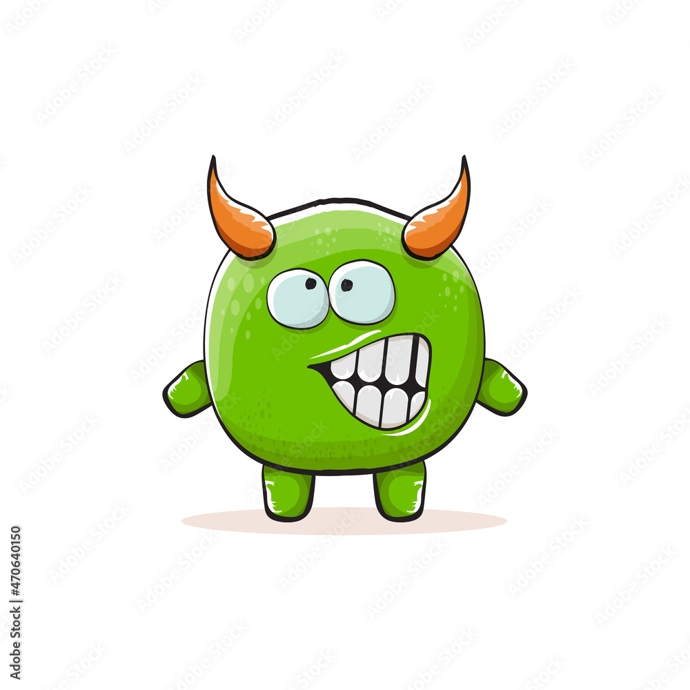 Vector cartoon funky green monster with horn isolated on white background. Smiling silly green monster print sticker design template. Ghost, troll, gremlin, goblin, devil and monster Vector cartoon funky green monster with horn isolated on white background. Smiling silly green monster print sticker design template. Ghost, troll, gremlin, goblin, devil and monster