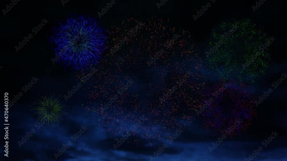 Animation of colourful christmas and new year fireworks exploding in night sky Animation of colourful christmas and new year fireworks exploding in night sky