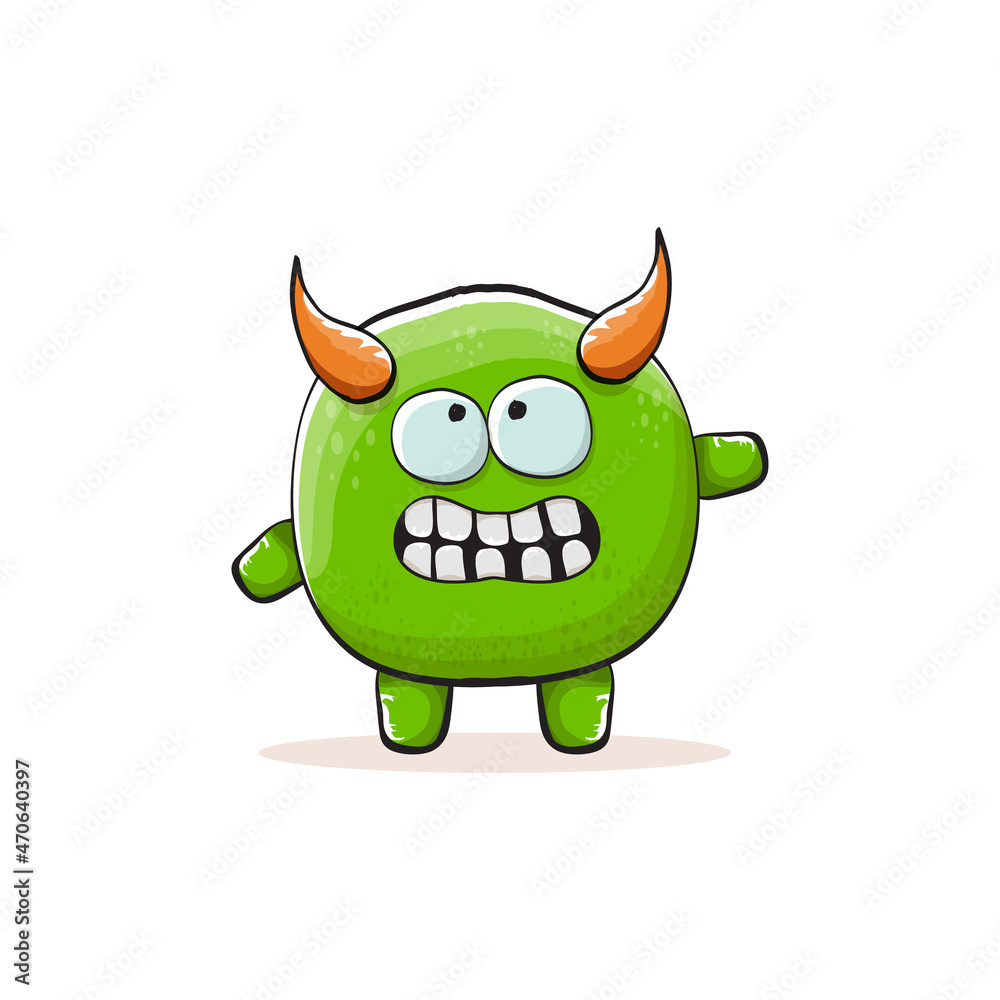 Vector cartoon funky green monster with horn isolated on white background. Smiling silly green monster print sticker design template. Ghost, troll, gremlin, goblin, devil and monster Vector cartoon funky green monster with horn isolated on white background. Smiling silly green monster print sticker design template. Ghost, troll, gremlin, goblin, devil and monster