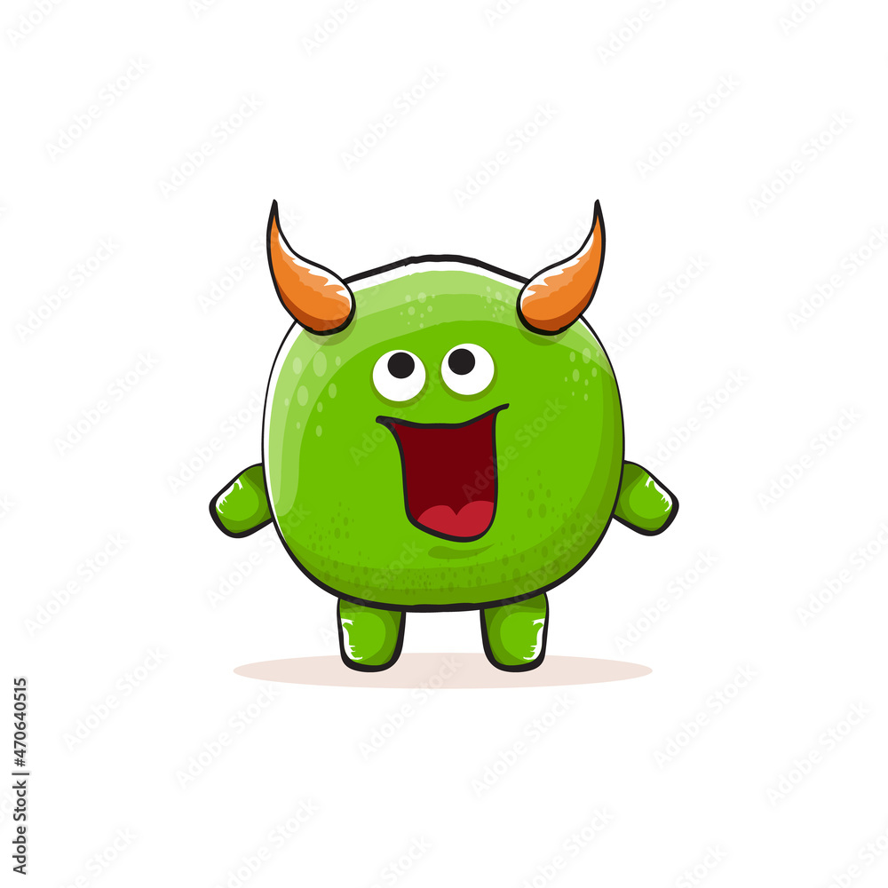 Vector cartoon funky green monster with horn isolated on white background. Smiling silly green monster print sticker design template. Ghost, troll, gremlin, goblin, devil and monster Vector cartoon funky green monster with horn isolated on white background. Smiling silly green monster print sticker design template. Ghost, troll, gremlin, goblin, devil and monster