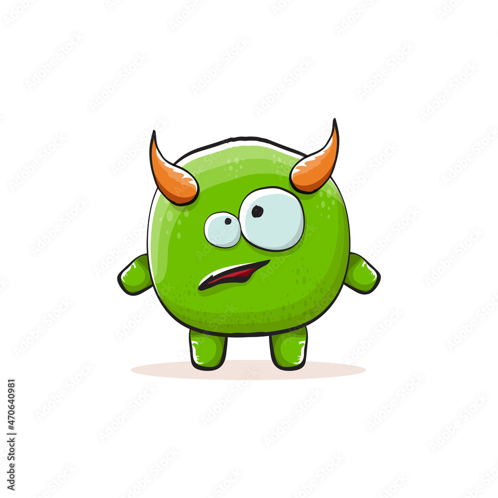 Vector cartoon funky green monster with horn isolated on white background. Smiling silly green monster print sticker design template. Ghost, troll, gremlin, goblin, devil and monster Vector cartoon funky green monster with horn isolated on white background. Smiling silly green monster print sticker design template. Ghost, troll, gremlin, goblin, devil and monster