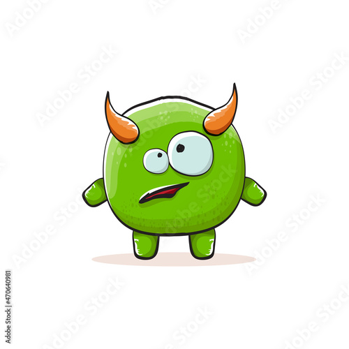 Vector cartoon funky green monster with horn isolated on white background. Smiling silly green monster print sticker design template. Ghost  troll  gremlin  goblin  devil and monster