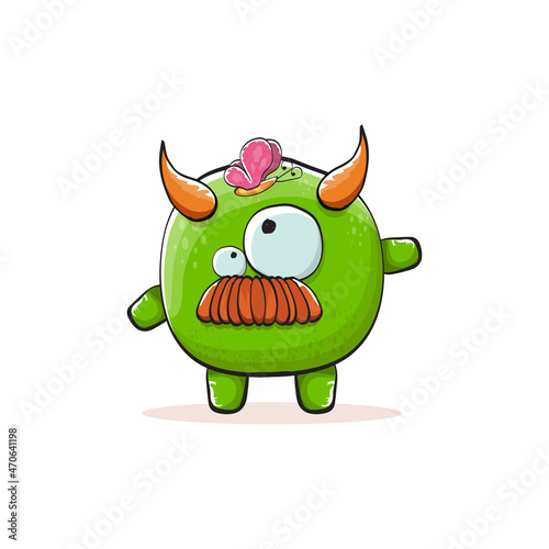 Vector cartoon funky green monster with horn isolated on white background. Smiling silly green monster print sticker design template. Ghost, troll, gremlin, goblin, devil and monster