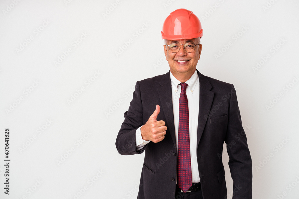Senior american arquitech man isolated on white background smiling and raising thumb up Senior american arquitech man isolated on white background smiling and raising thumb up