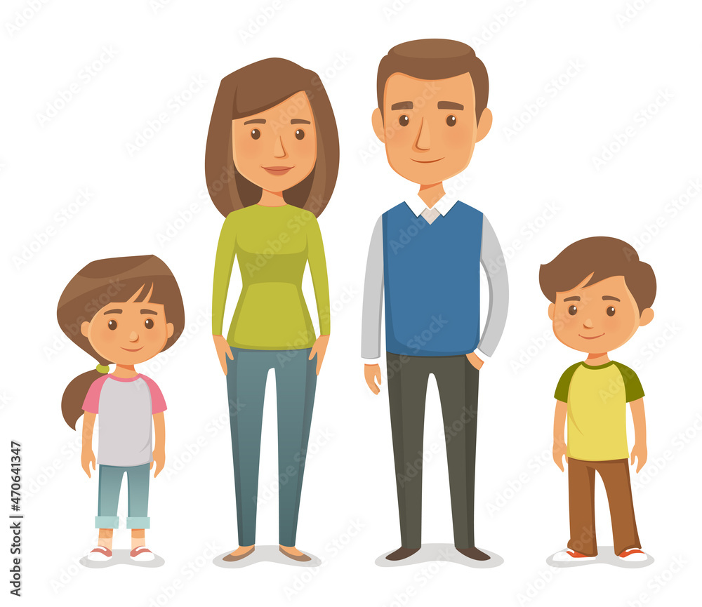 cartoon illustration of a happy young family