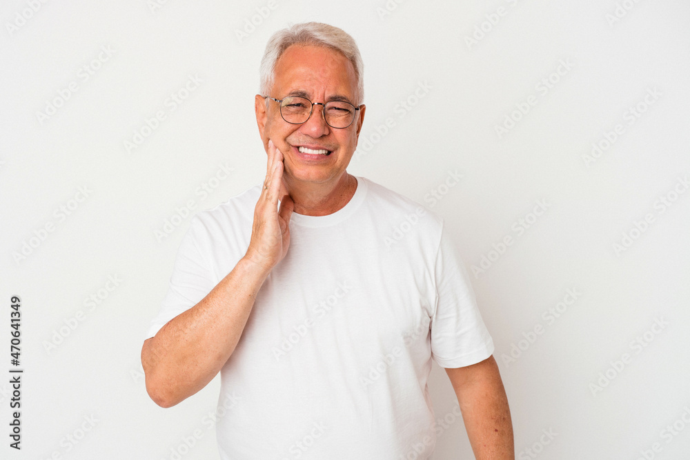 Senior american man isolated on white background having a strong teeth pain, molar ache. Senior american man isolated on white background having a strong teeth pain, molar ache.