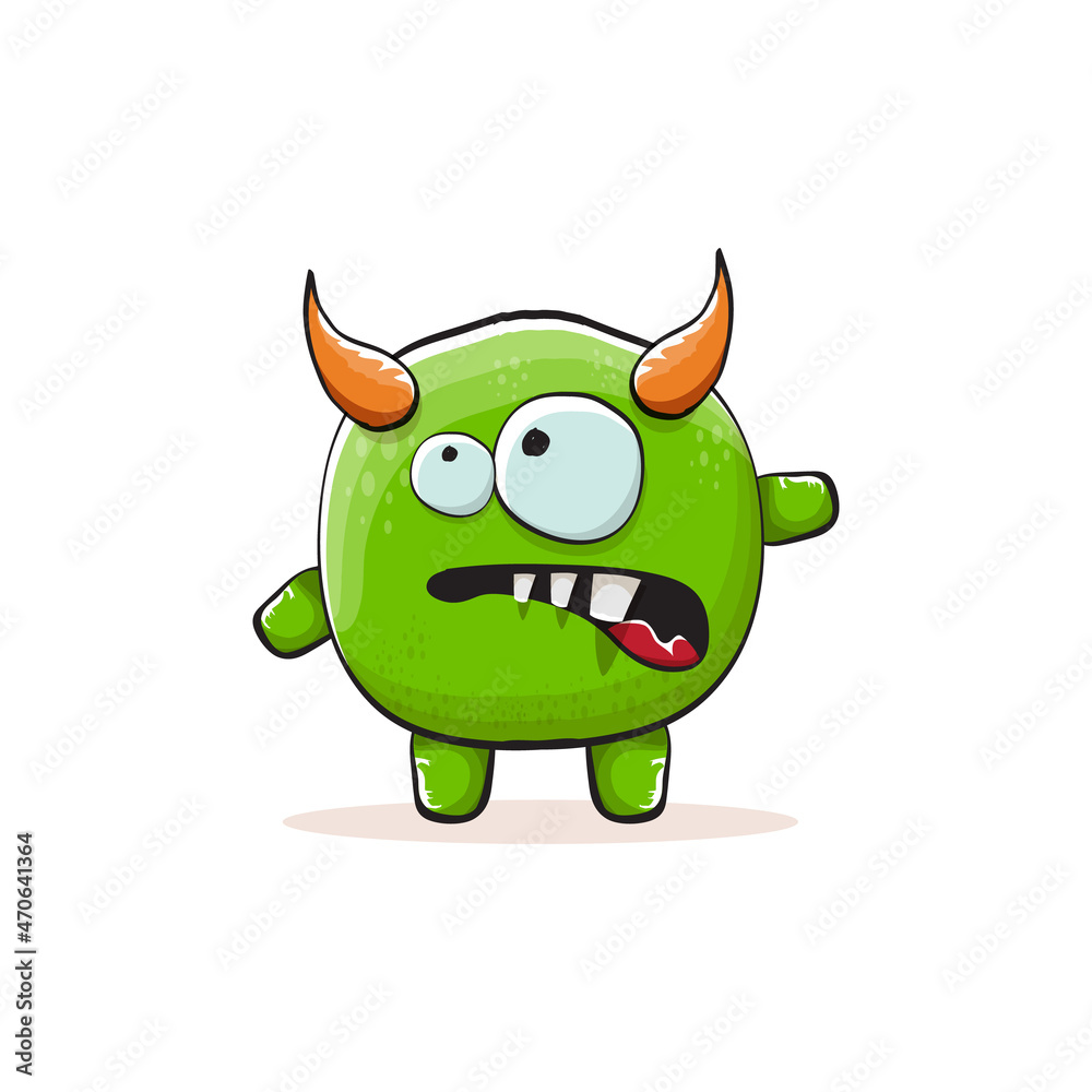 Vector cartoon funky green monster with horn isolated on white background. Smiling silly green monster print sticker design template. Ghost, troll, gremlin, goblin, devil and monster Vector cartoon funky green monster with horn isolated on white background. Smiling silly green monster print sticker design template. Ghost, troll, gremlin, goblin, devil and monster