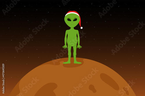 Martian in red hat. Christmas on Mars. Vector illustration.