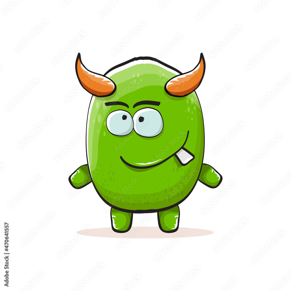 Vector cartoon funky green monster with horn isolated on white background. Smiling silly green monster print sticker design template. Ghost, troll, gremlin, goblin, devil and monster Vector cartoon funky green monster with horn isolated on white background. Smiling silly green monster print sticker design template. Ghost, troll, gremlin, goblin, devil and monster