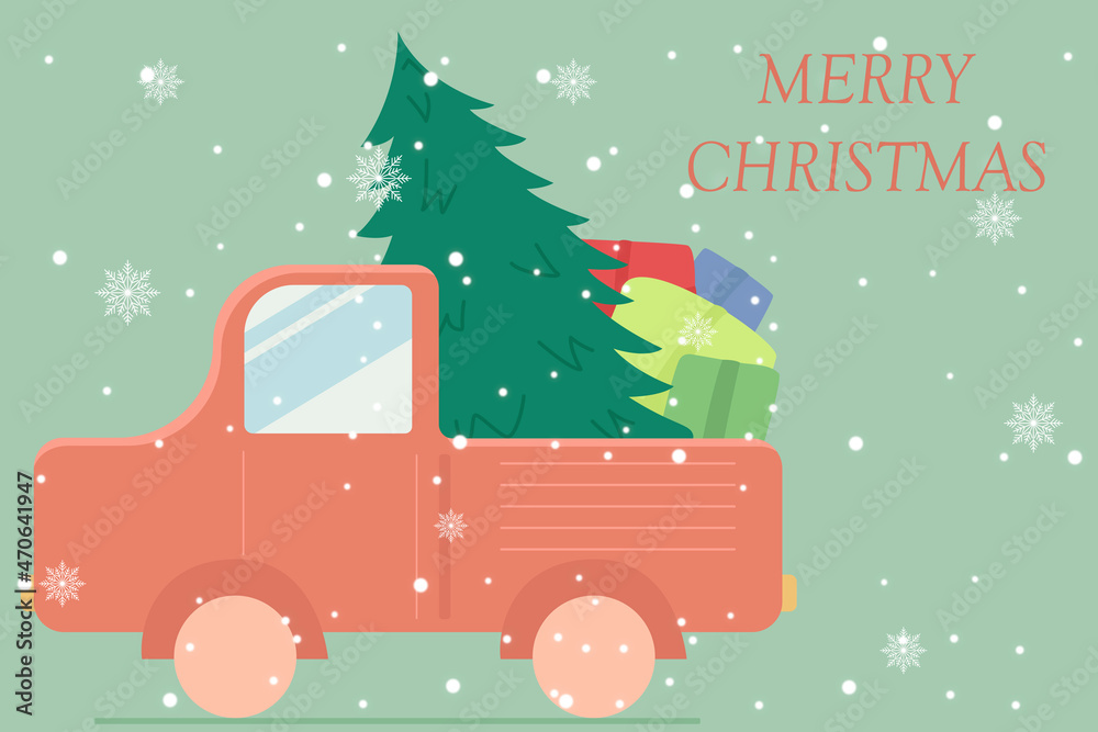 Christmas illustration, car, delivery of a Christmas tree, delivery, Christmas tree and gifts, gifts, tree, Christmas, illustration, pastel shades, delivery of a Christmas, Christmas tree, inscription Векторный объект Stock