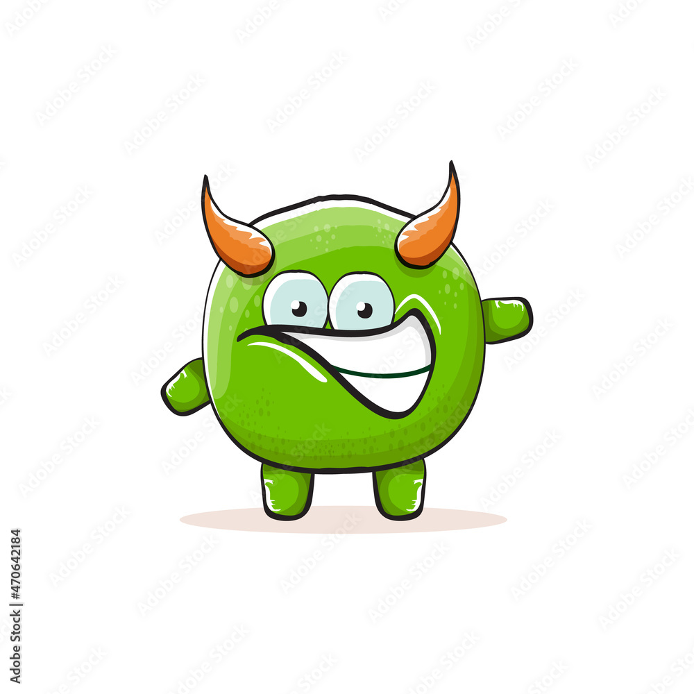 Vector cartoon funky green monster with horn isolated on white background. Smiling silly green monster print sticker design template. Ghost, troll, gremlin, goblin, devil and monster Vector cartoon funky green monster with horn isolated on white background. Smiling silly green monster print sticker design template. Ghost, troll, gremlin, goblin, devil and monster