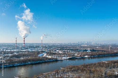 Power plant witch chimneys and smoke aerial view