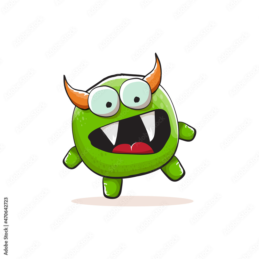 Fototapeta premium Vector cartoon funky green monster with horn isolated on white background. Smiling silly green monster print sticker design template. Ghost, troll, gremlin, goblin, devil and monster