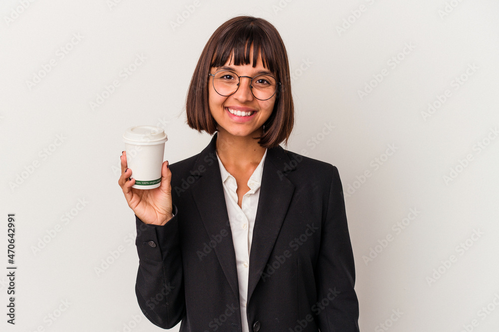 Young mixed race business woman holding a coffee isolated on white background happy, smiling and cheerful. Young mixed race business woman holding a coffee isolated on white background happy, smiling and cheerful.