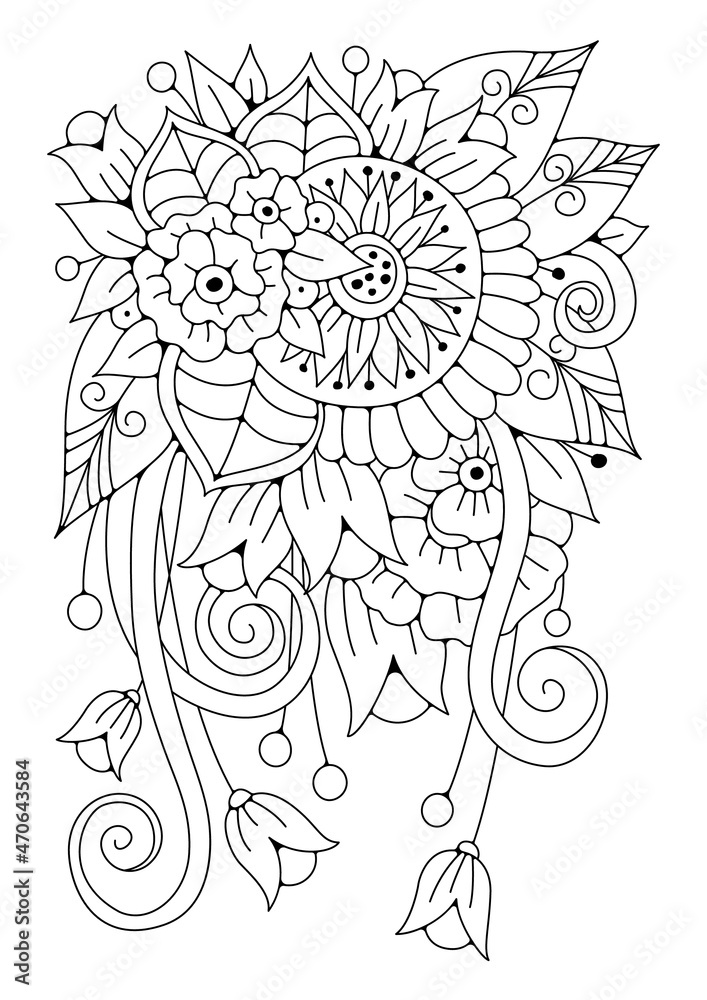 Black-white background for drawing. Art therapy. Coloring page. Floral vector drawing.