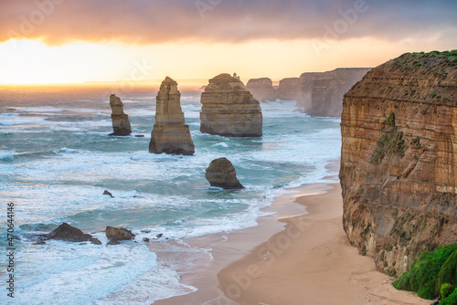 Aerial view of amazing Twelve Apostles during a stormy sunset, Port Campbell National Park, Australia.