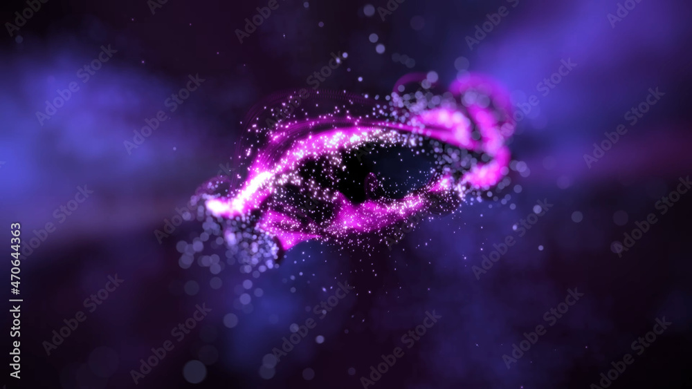 Fototapeta premium Abstract, purple ring on a black background with reflections of light splashes