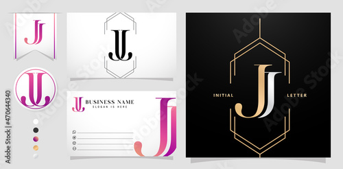 illustration of JJ initial letter and graphic name, JJ logo for Wedding couple monogram, logo company and business name card, with black white color, gold and gradient purple color isolated background