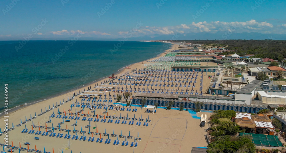 Aerial view of Beach Umbrellas and Chairs