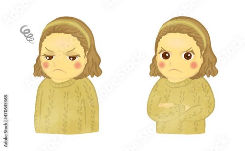 Cute girl's angry facial expression illustration set Brown Hair Ver