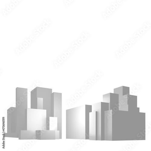 Minimalist 3D Abstract computer generated illustration CGI rendering of geometric cubes arranged in downtown city building pattern isolated on white. Offset at bottom border.