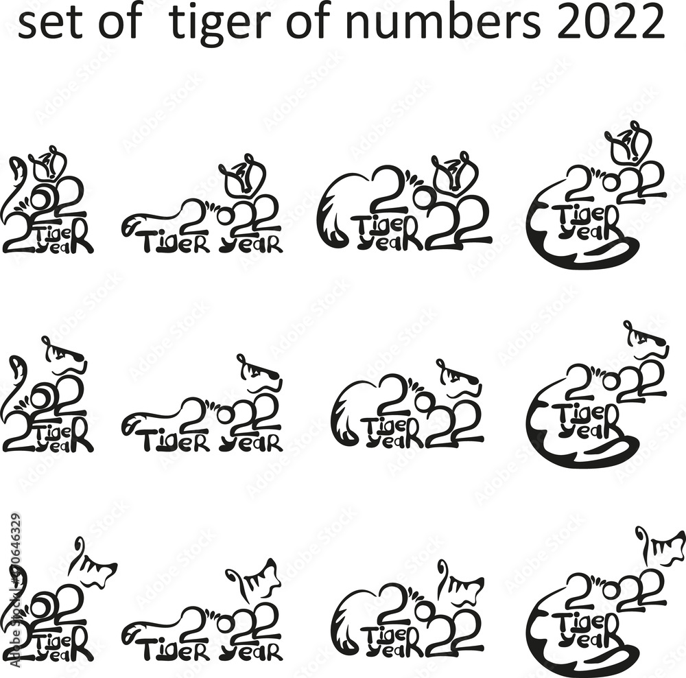 tiger of numbers in hand draw style. Lunar zodiac symbol of Year of Tiger. Chinese New Year 2022 Christmas logo. Vector illustration