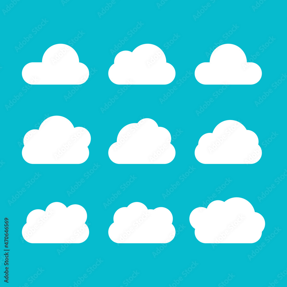 white cloud cartoon flat style set with different shape isolated green background for graphic design decoration