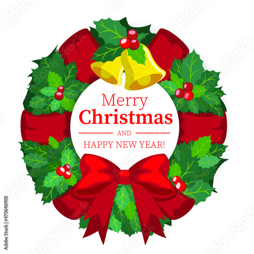 christmas wreath with holly berries and ribbon