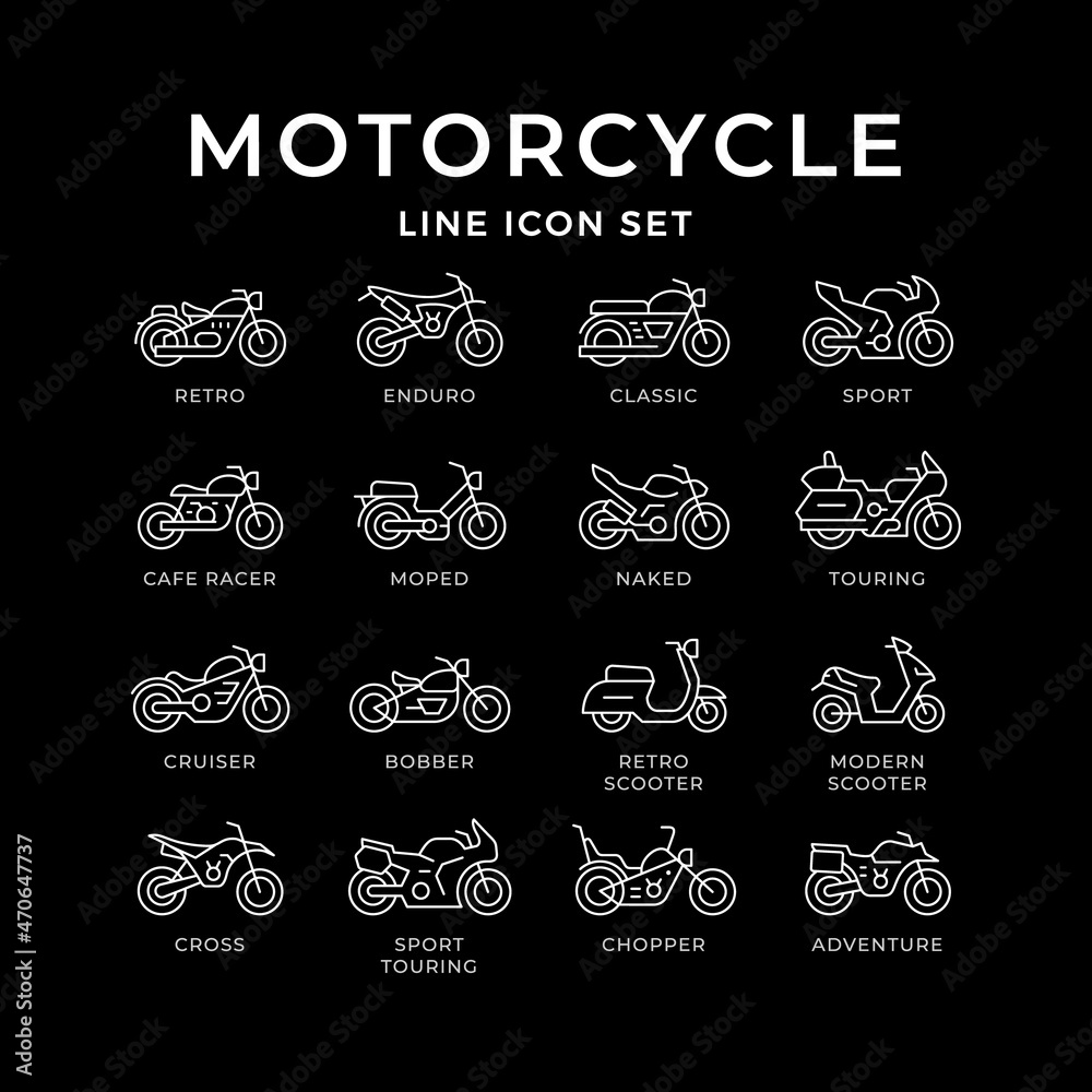 Set line icons of motorcycle isolated on black