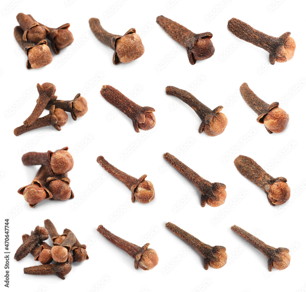 Set with aromatic dried cloves on white background Set with aromatic dried cloves on white background