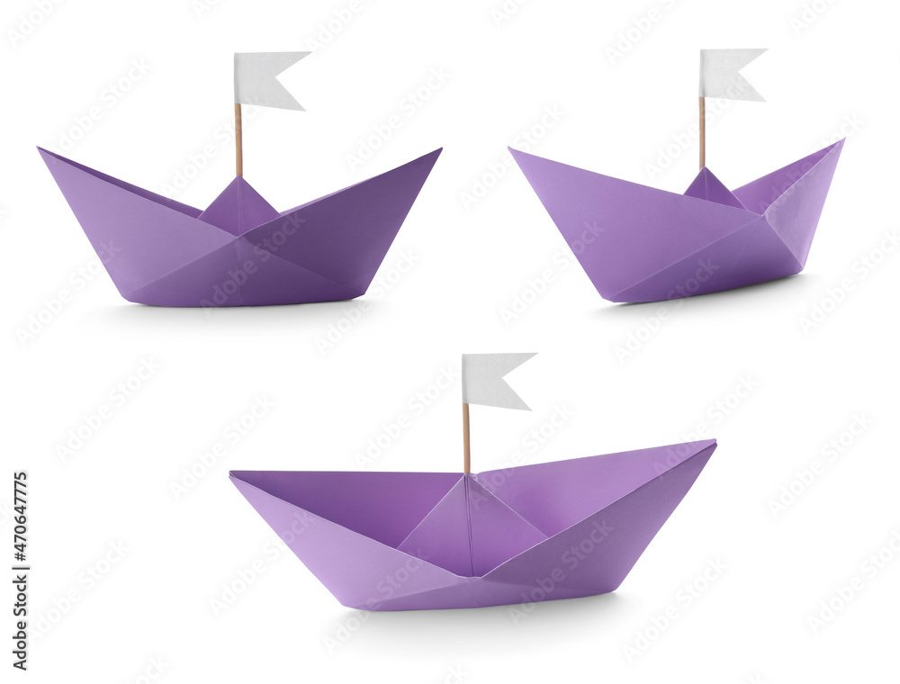 Violet paper boats with flags on white background, collage Violet paper boats with flags on white background, collage