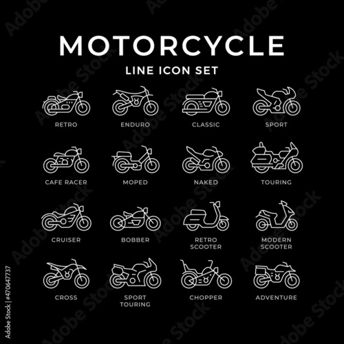 Set line icons of motorcycle isolated on black