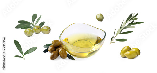 Fototapeta Naklejka Na Ścianę i Meble -  Bowl of oil, ripe olives and leaves on white background, collage. Banner design