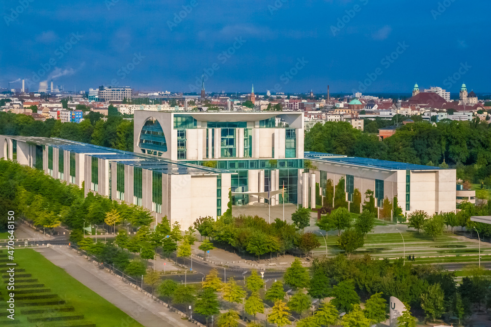 Lovely aerial view of the front of the Federal Chancellery (Bundeskanzleramt) in Berlin, the official seat and executive office of the chancellor of Germany, seen from the Reichstag building.