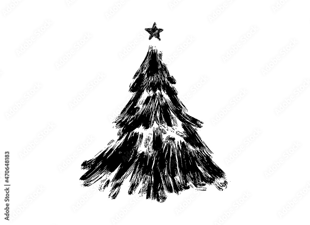 Hand drawn brush stroke Christmas tree with star isolated  on png or transparent  background. Graphic resources for New Year, Birthdays and luxury card. Vector illustration