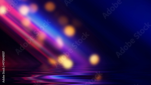 Fototapeta Naklejka Na Ścianę i Meble -  Dark abstract background of a beach party. Neon blurred bokeh lights, neon light lines reflected on the water. 3d illustration