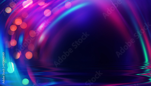 Fototapeta Naklejka Na Ścianę i Meble -  Dark abstract background of a beach party. Neon blurred bokeh lights, neon light lines reflected on the water. 3d illustration