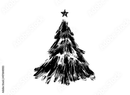 Hand drawn brush stroke Christmas tree with star isolated  on png or transparent  background. Graphic resources for New Year, Birthdays and luxury card. Vector illustration