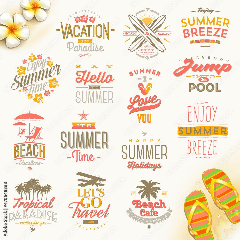Set Summer Holidays Vacation Travel Typography Lettering Emblems Logo _2