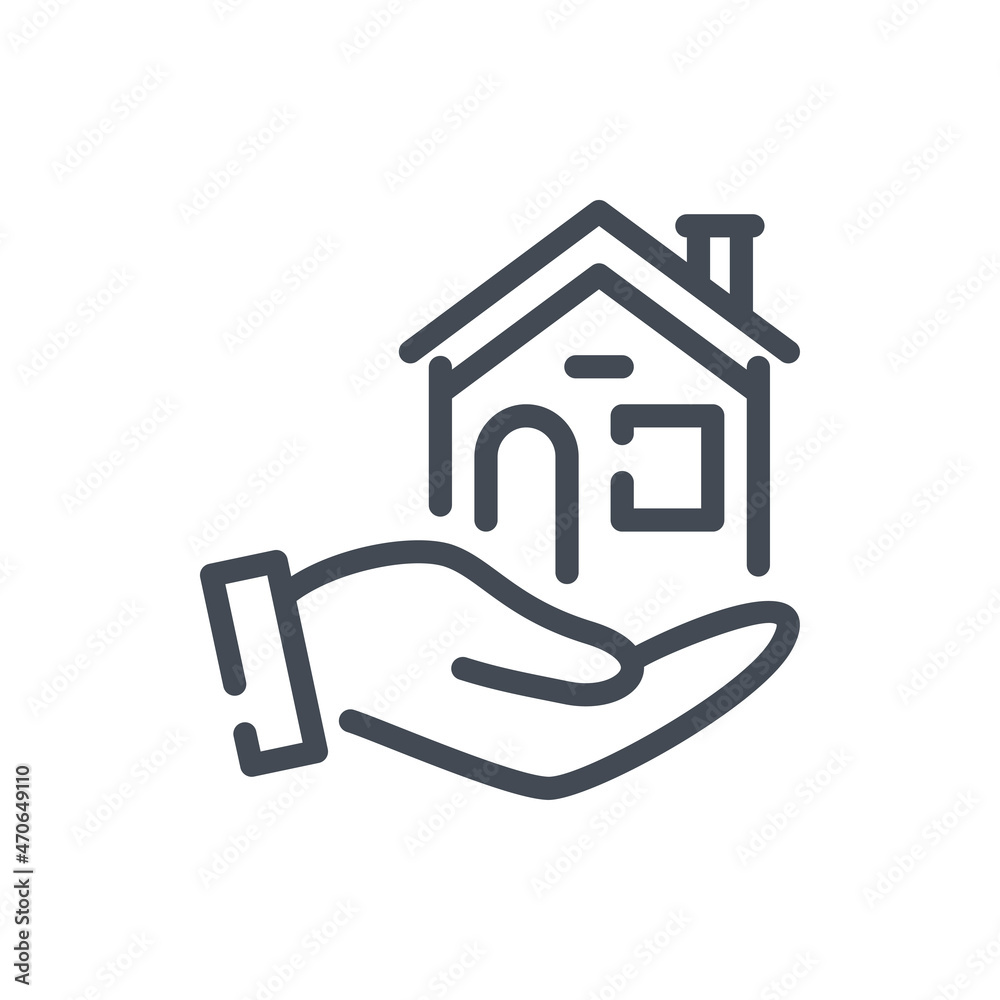 Home care line icon. Hand with house vector outline sign. Home care line icon. Hand with house vector outline sign.
