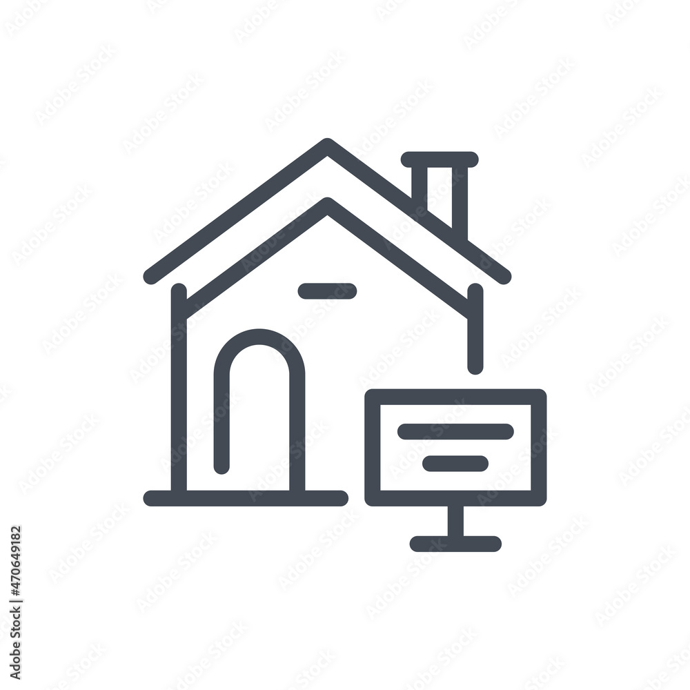 House for sale line icon. House building with street sign vector outline sign. House for sale line icon. House building with street sign vector outline sign.