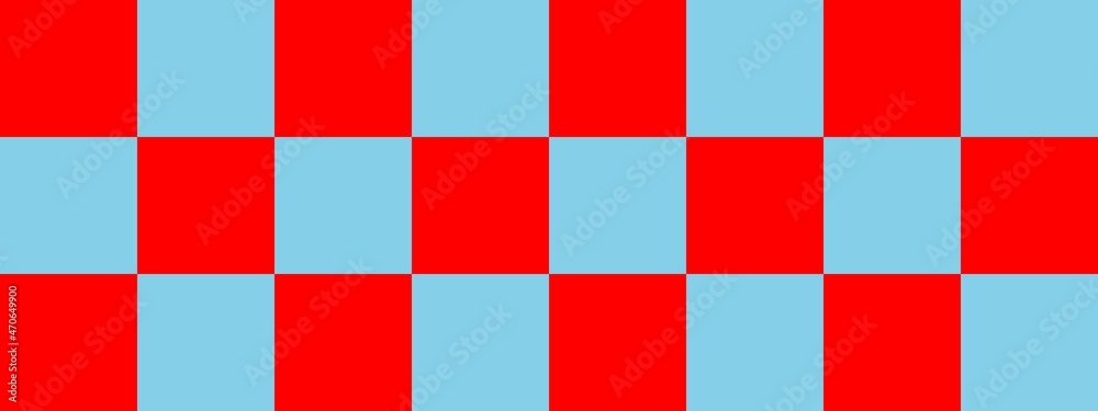 Checkerboard banner. Sky blue and Red colors of checkerboard. Big squares, big cells. Chessboard, checkerboard texture. Squares pattern. Background.