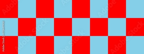 Checkerboard banner. Sky blue and Red colors of checkerboard. Big squares, big cells. Chessboard, checkerboard texture. Squares pattern. Background.
