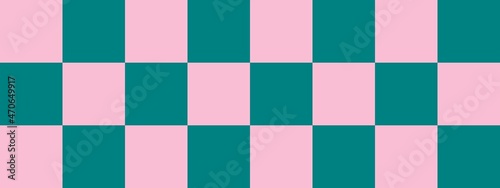 Checkerboard banner. Teal and Pink colors of checkerboard. Big squares, big cells. Chessboard, checkerboard texture. Squares pattern. Background.