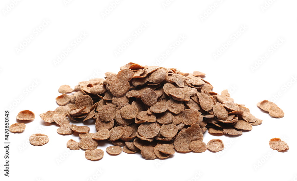 Crunchy corn flakes pile with cocoa, cereal, muesli pile isolated on white Crunchy corn flakes pile with cocoa, cereal, muesli pile isolated on white