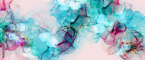 Blue and purple accent background with yellow gold design sparkles, turquoise alcohol ink background, fluid art, liquid wallpaper design
